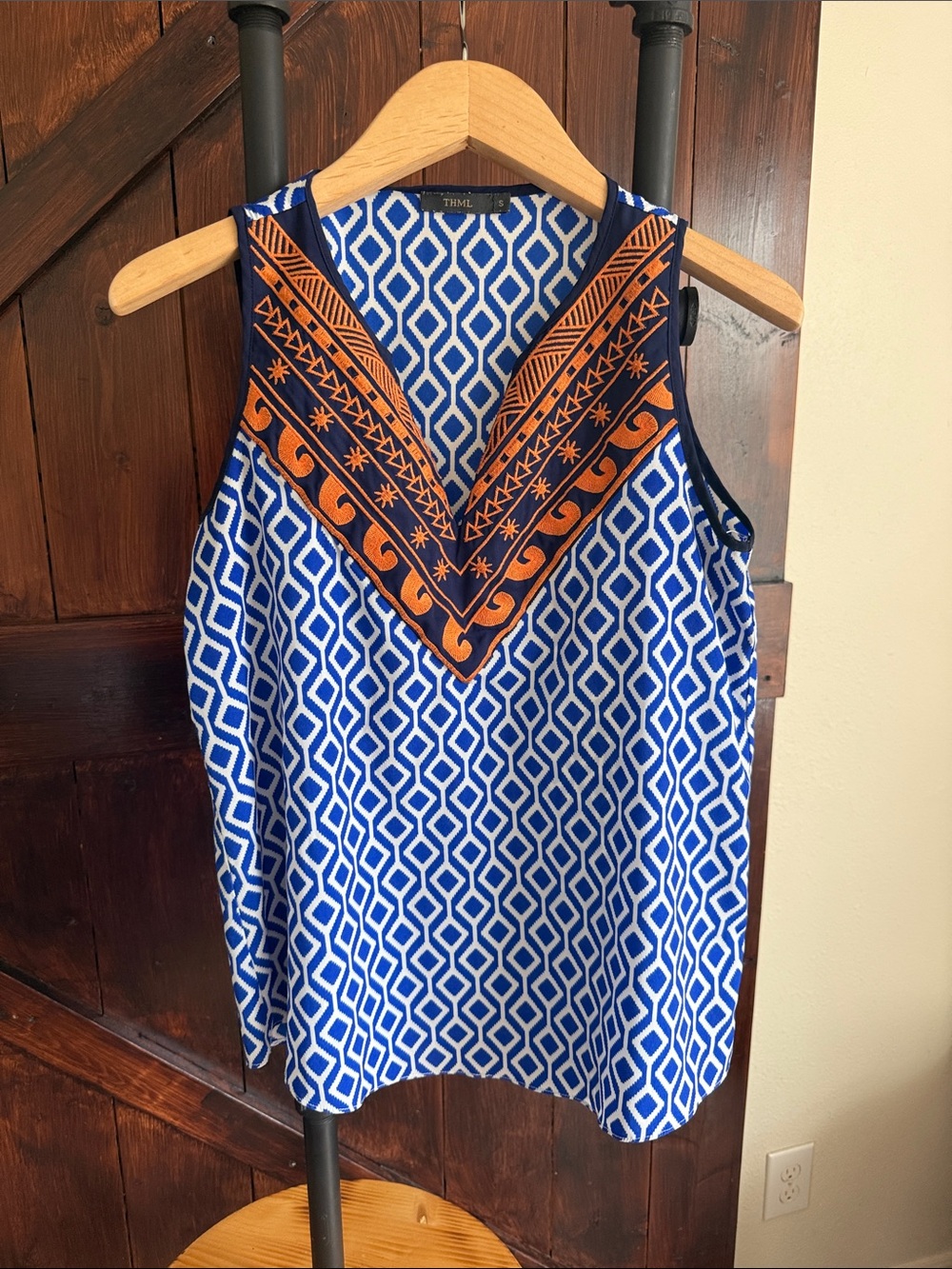 THML Blue Geometric Sleeveless Top with Orange Embellished V-Neck